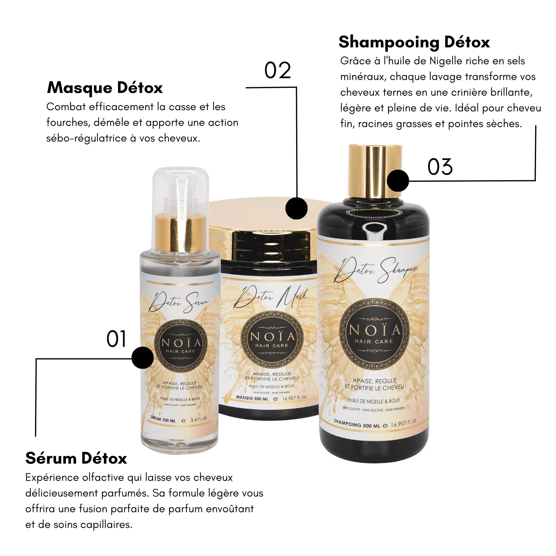 Routine Capillaire DETOX de Noïa Hair Care : Votre Bouclier Naturel - Pack Trio Shampoing + Masque + Sérum Huile de Nigelle & Boue Noiahair FR