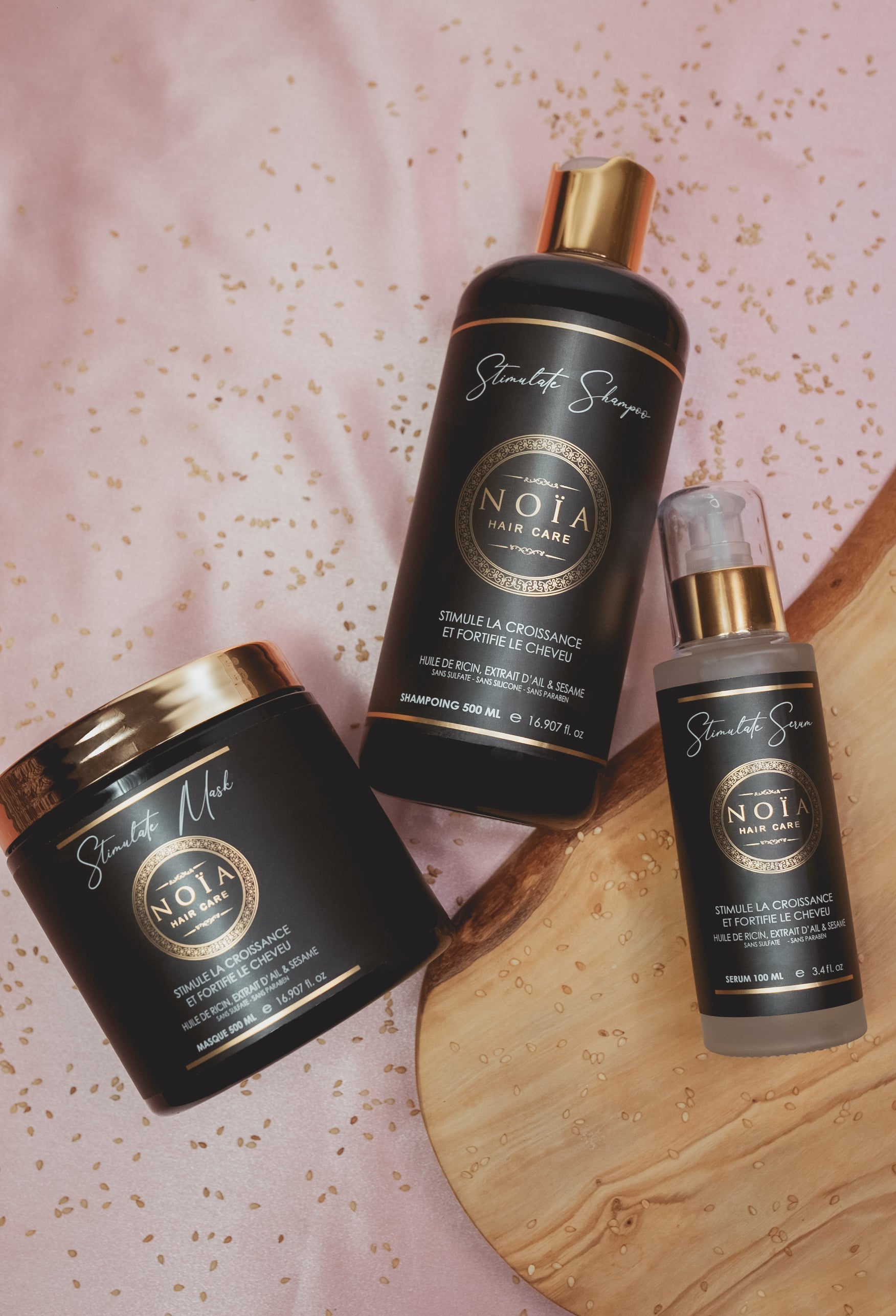 Coffret Cadeau - TRIO STIMULATE  à l'huile de ricin Shampoing 500ml + Masque 500ml + Sérum 100ml + Boite Prestige + peigne ou brosse Noiahair FR